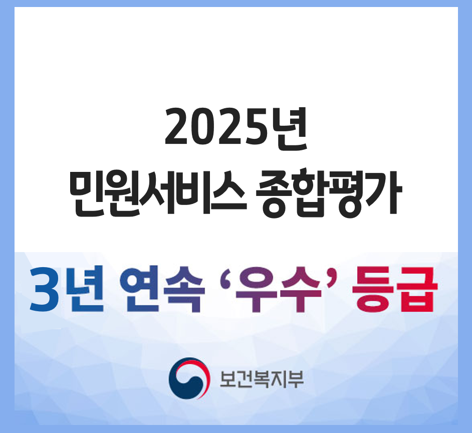 2025년 민원서비스 종합평가 결과. 3년 연속 우수 등급. 보건복지부